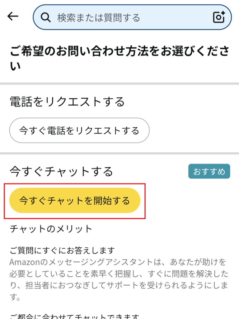 「今すぐチャットを開始する」ボタンをタップする